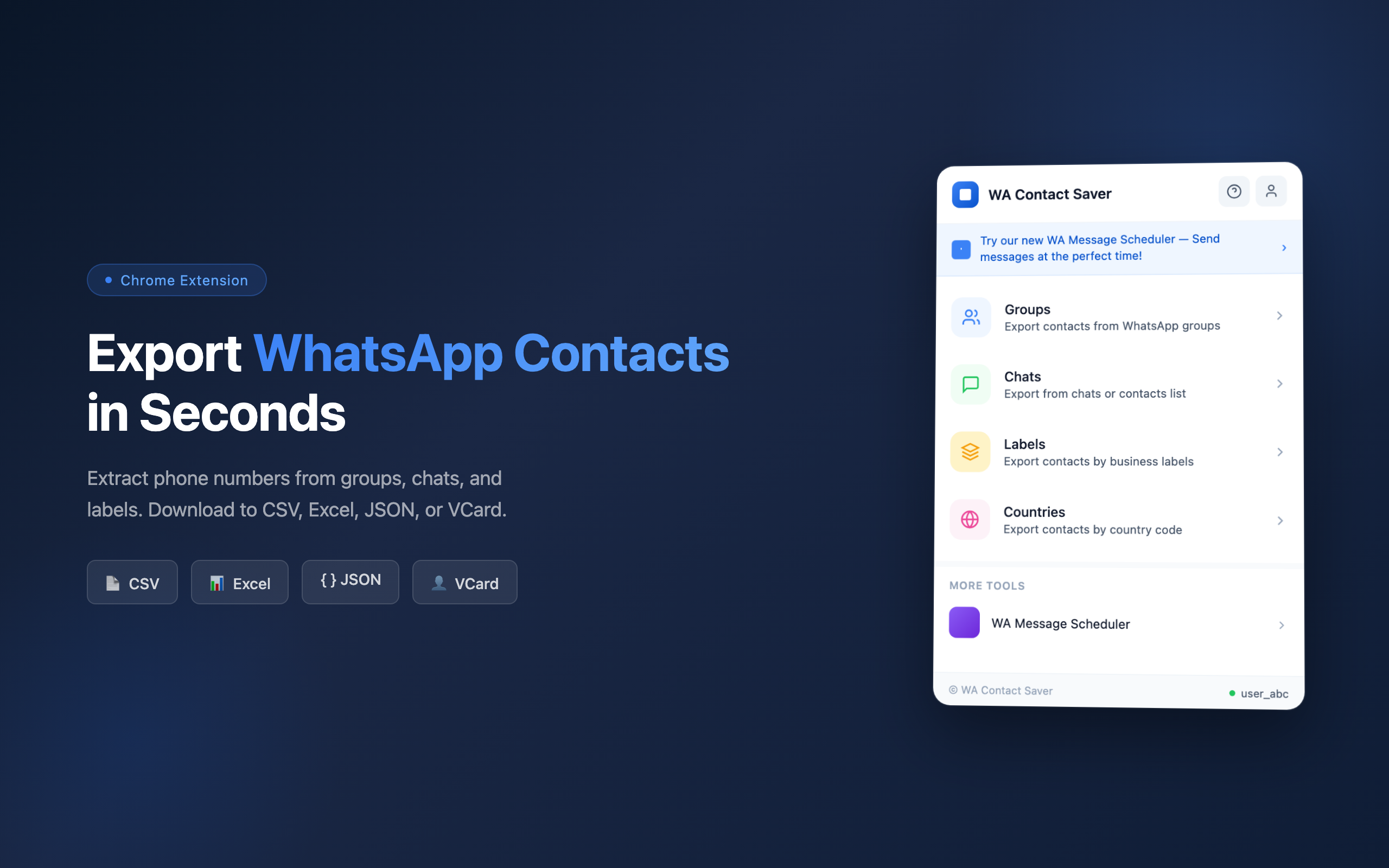 WA Contact Saver Chrome extension popup showing WhatsApp contact export